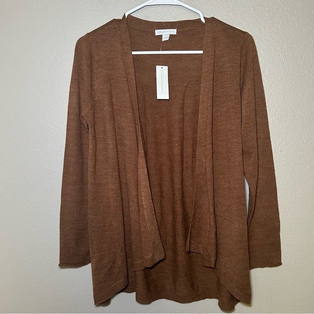 NEW New York & Company Brown Open Front Long Sleeve Cardigan Womenโs Size Medium